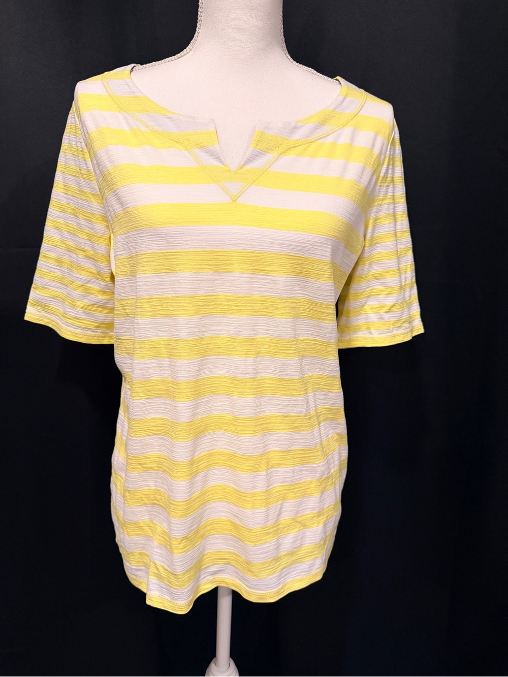 Talbots Yellow and Cream Striped Notch-Neck Short Sleeve Tee (0021)